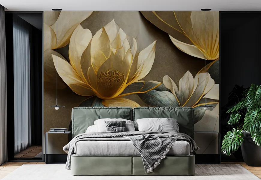 کاغذ دیواری 3 بعدی اتاق خواب عروس و داماد طرح گل نیلوفرطلایی